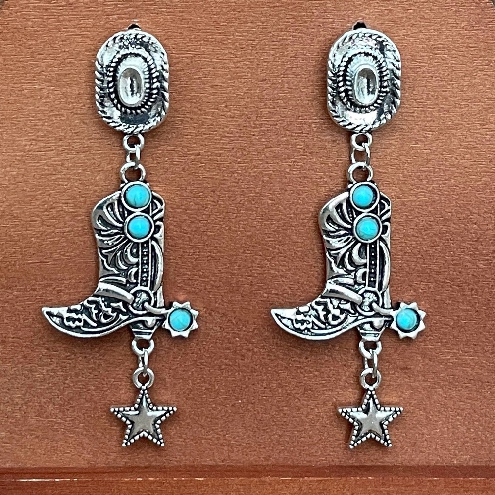 Cowgirl Boot and Hat Dangle Earrings with Faux Turquoise